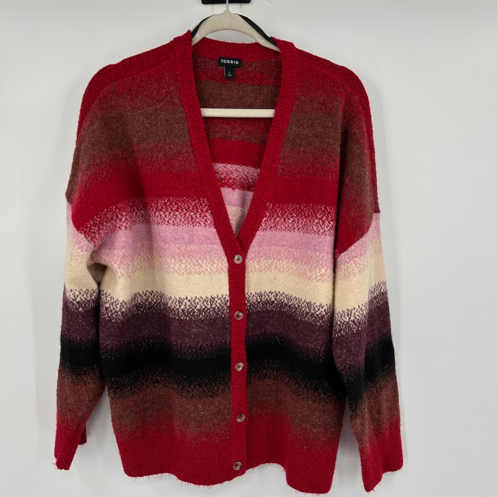 Torrid Womens Red Pink Striped VNeck Button Front Fuzzy Knit Cardigan Sweater 1X